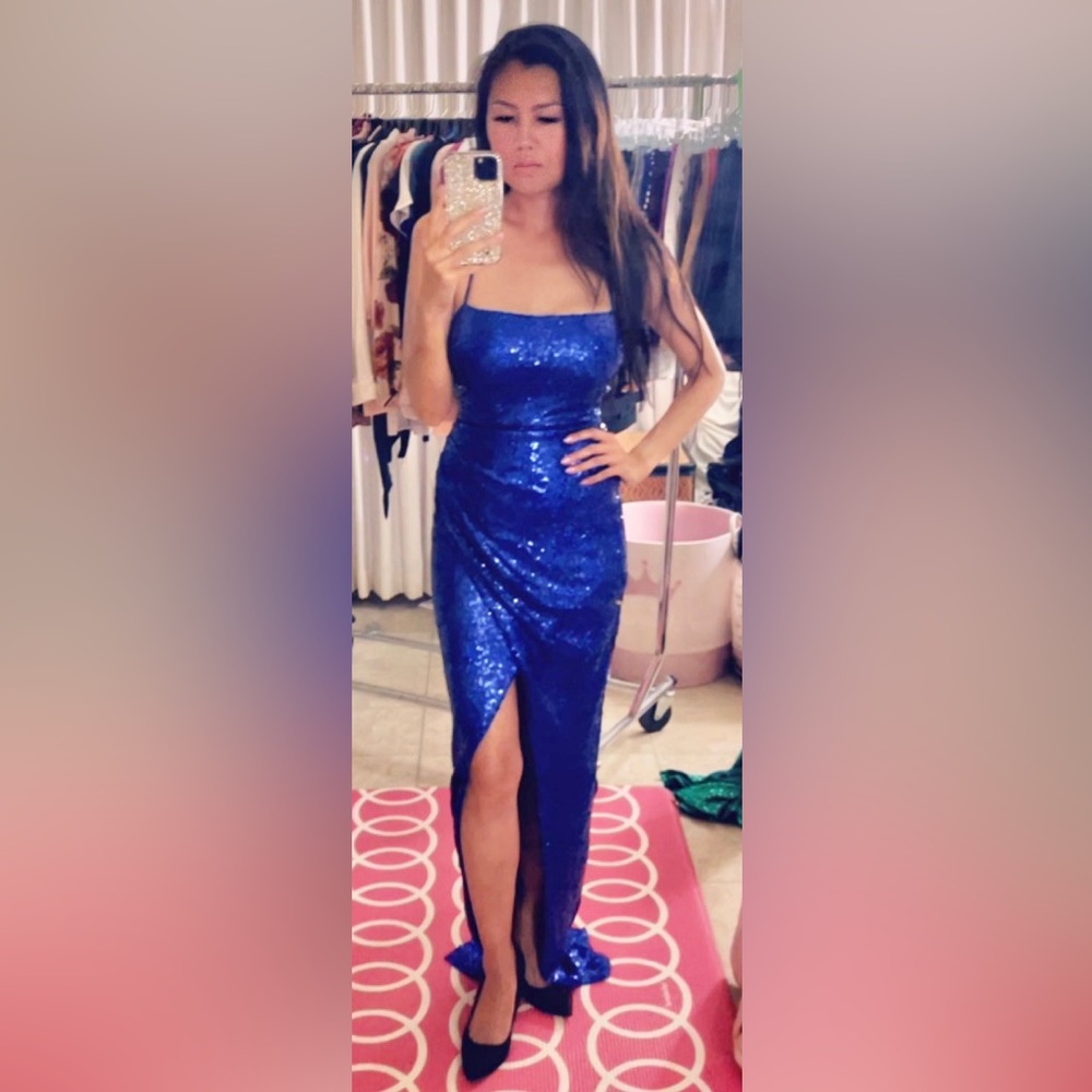 Windsor Sequin Sparkling Strappy Backless Slit Prom Wedding Royal Blue Dress
